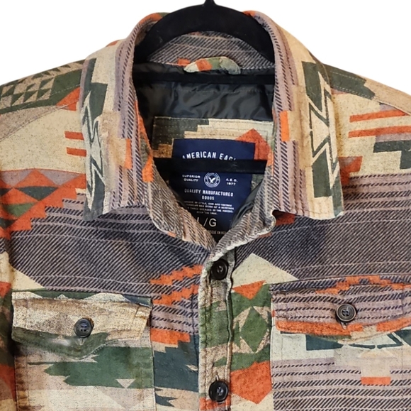 American Eagle Mens Western Aztec Flannel Jacket Quilt Lined Shacket Large Retro - Picture 3 of 10